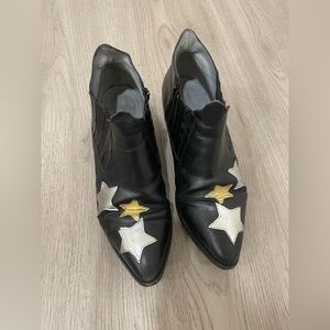 Chiara Ferragni Embroidered Glitter Star Black Leather Ankle Booties sz: 39 US 9